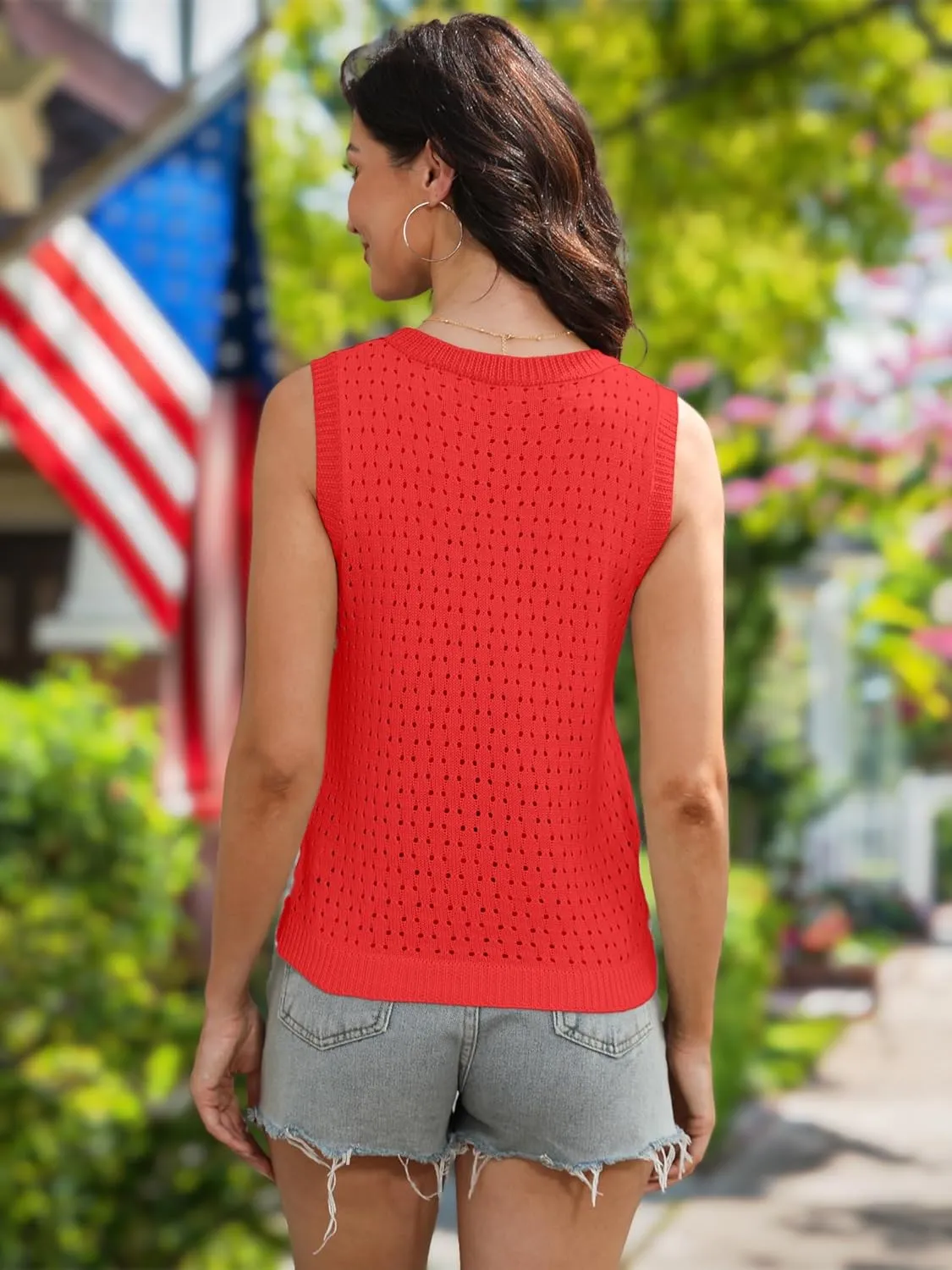 PECHAR USA 4th of July Shirts Women American Flag Hollow Out Knit Tank Tops Patriotic Striped Color Block Sweater Vest