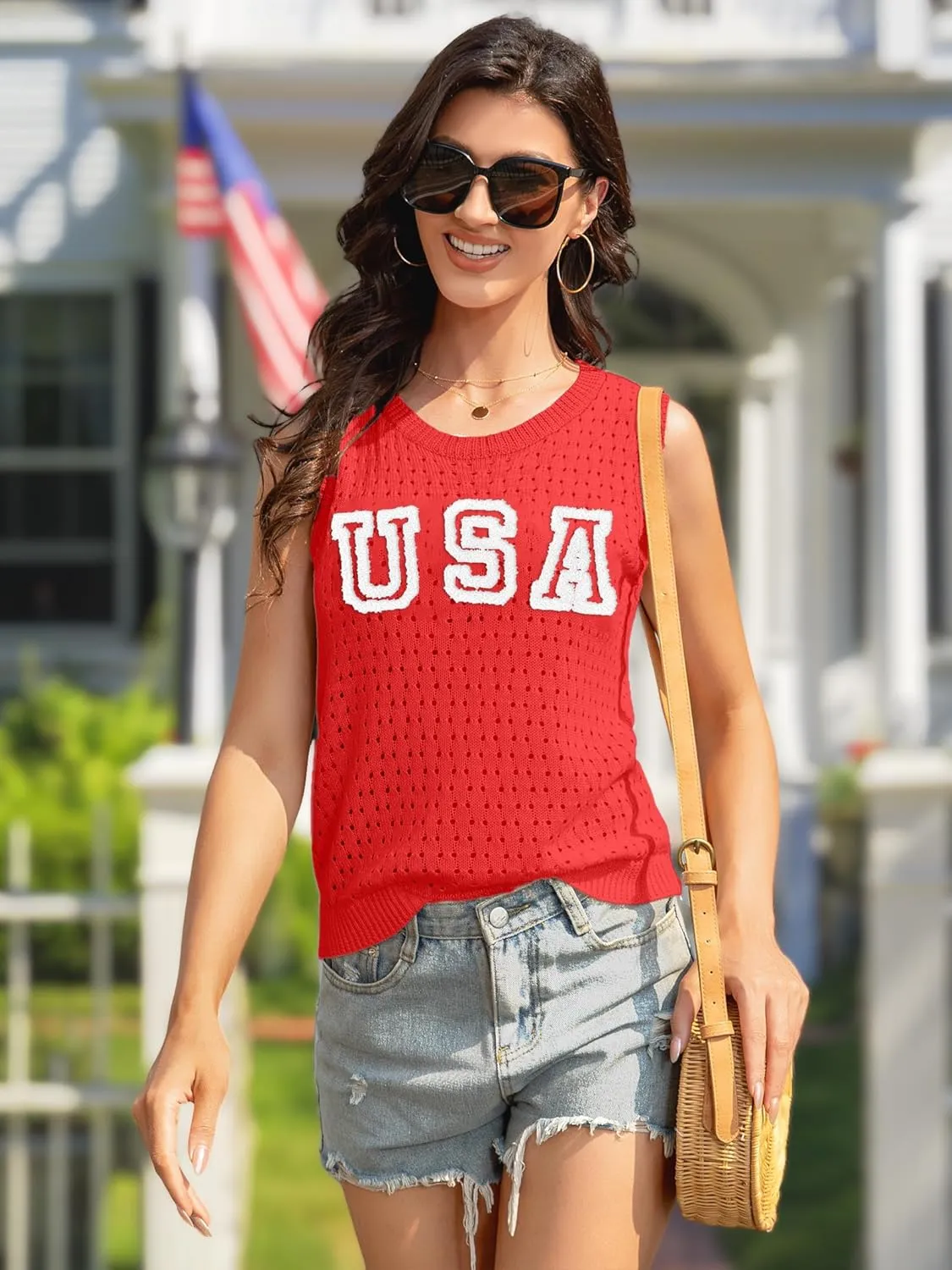 PECHAR USA 4th of July Shirts Women American Flag Hollow Out Knit Tank Tops Patriotic Striped Color Block Sweater Vest