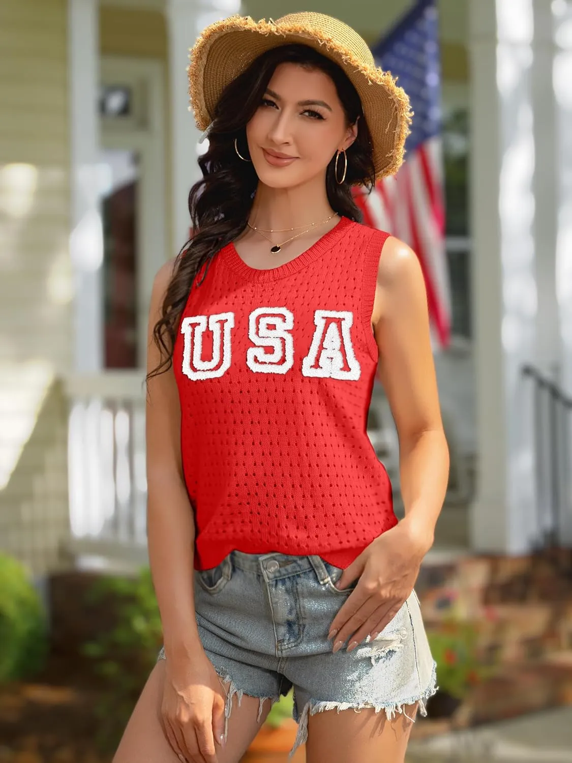 PECHAR USA 4th of July Shirts Women American Flag Hollow Out Knit Tank Tops Patriotic Striped Color Block Sweater Vest
