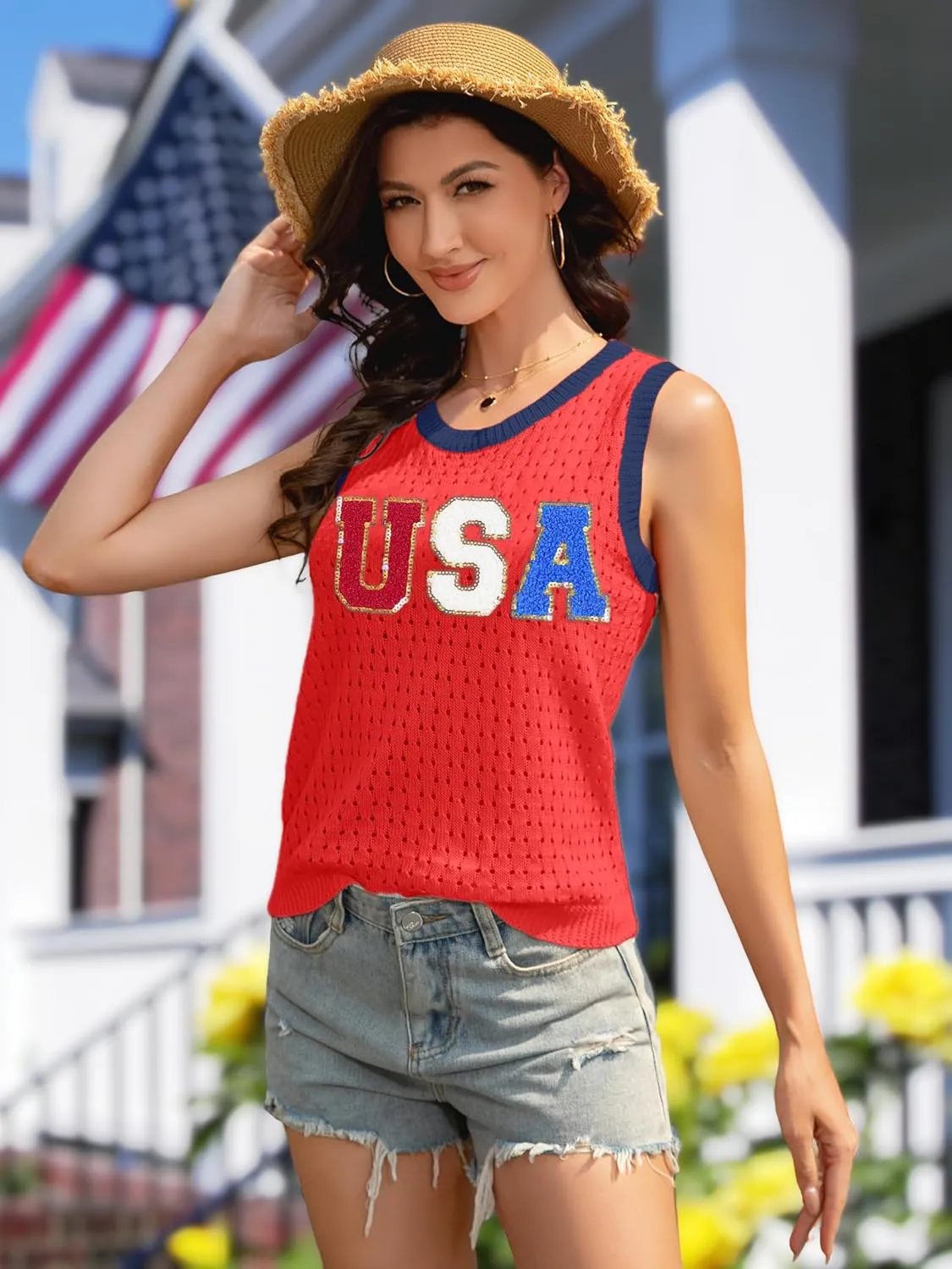 PECHAR USA 4th of July Shirts Women American Flag Hollow Out Knit Tank Tops Patriotic Striped Color Block Sweater Vest