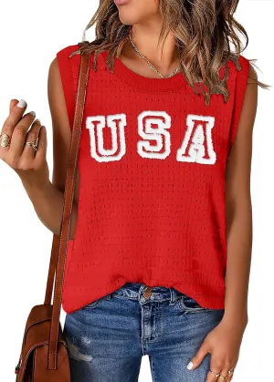 PECHAR USA 4th of July Shirts Women American Flag Hollow Out Knit Tank Tops Patriotic Striped Color Block Sweater Vest