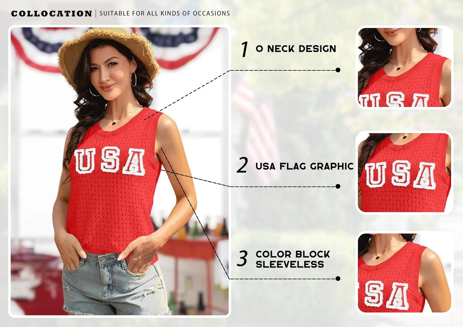 PECHAR USA 4th of July Shirts Women American Flag Hollow Out Knit Tank Tops Patriotic Striped Color Block Sweater Vest