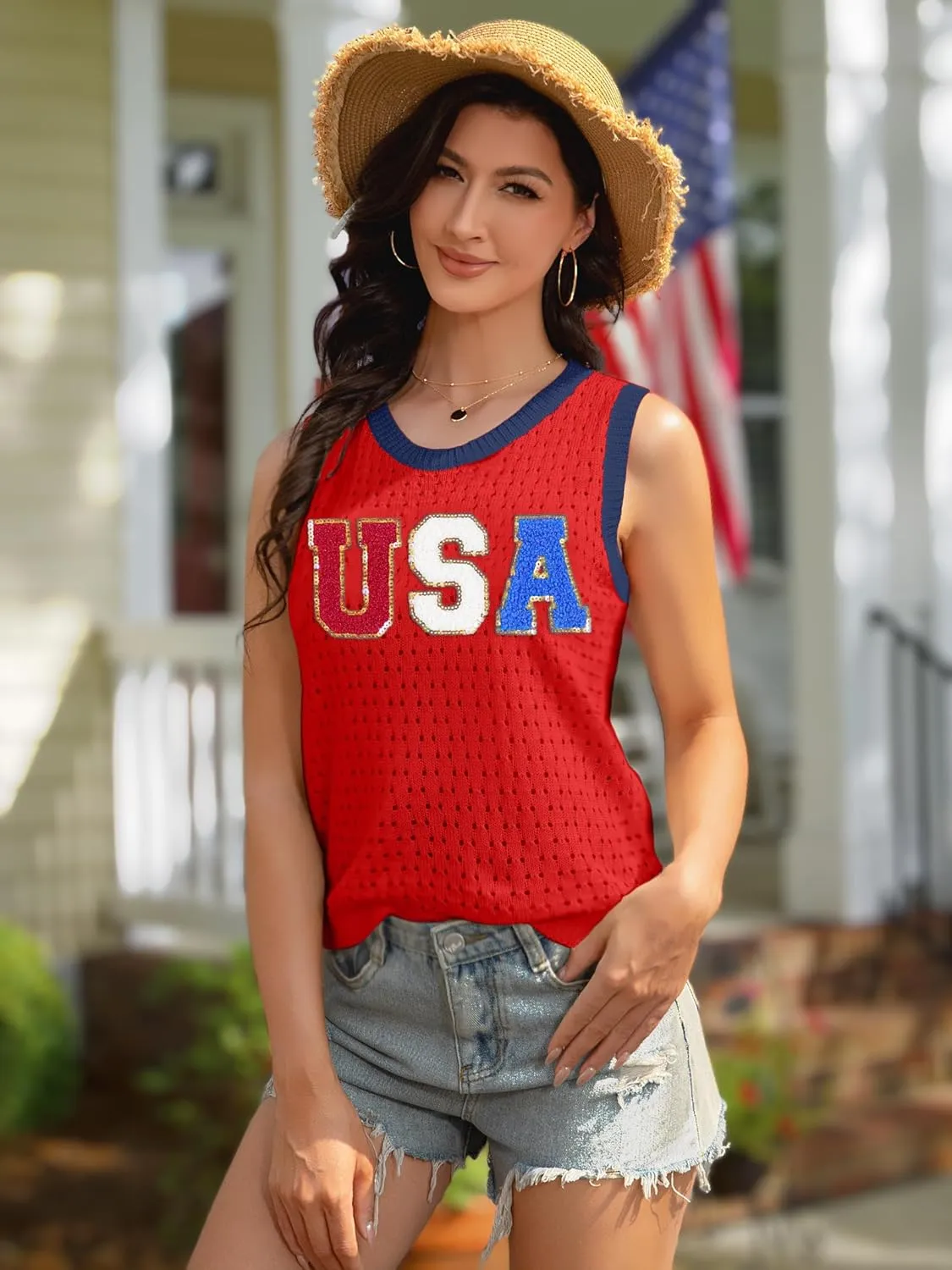 PECHAR USA 4th of July Shirts Women American Flag Hollow Out Knit Tank Tops Patriotic Striped Color Block Sweater Vest