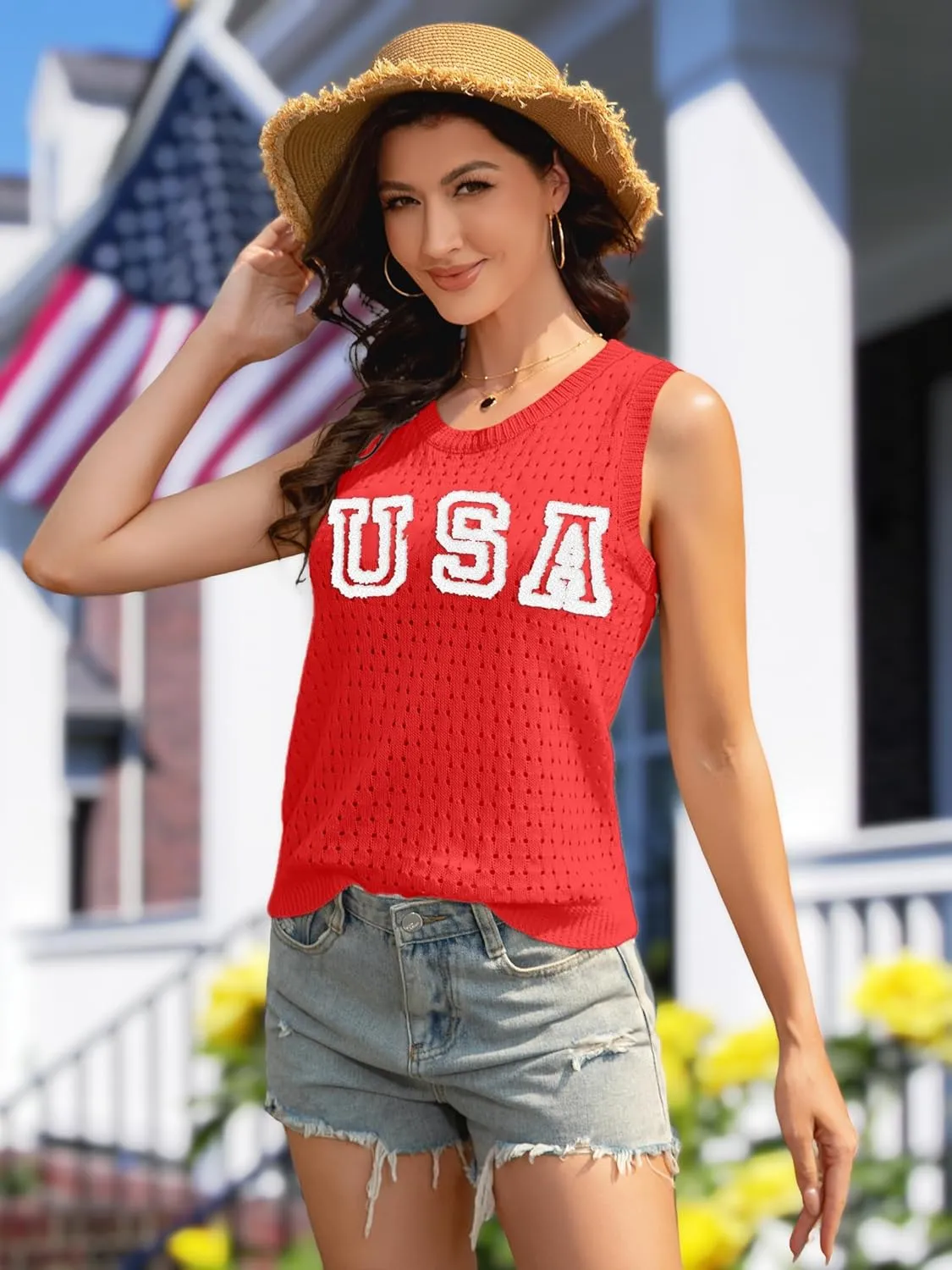 PECHAR USA 4th of July Shirts Women American Flag Hollow Out Knit Tank Tops Patriotic Striped Color Block Sweater Vest