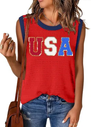 PECHAR USA 4th of July Shirts Women American Flag Hollow Out Knit Tank Tops Patriotic Striped Color Block Sweater Vest