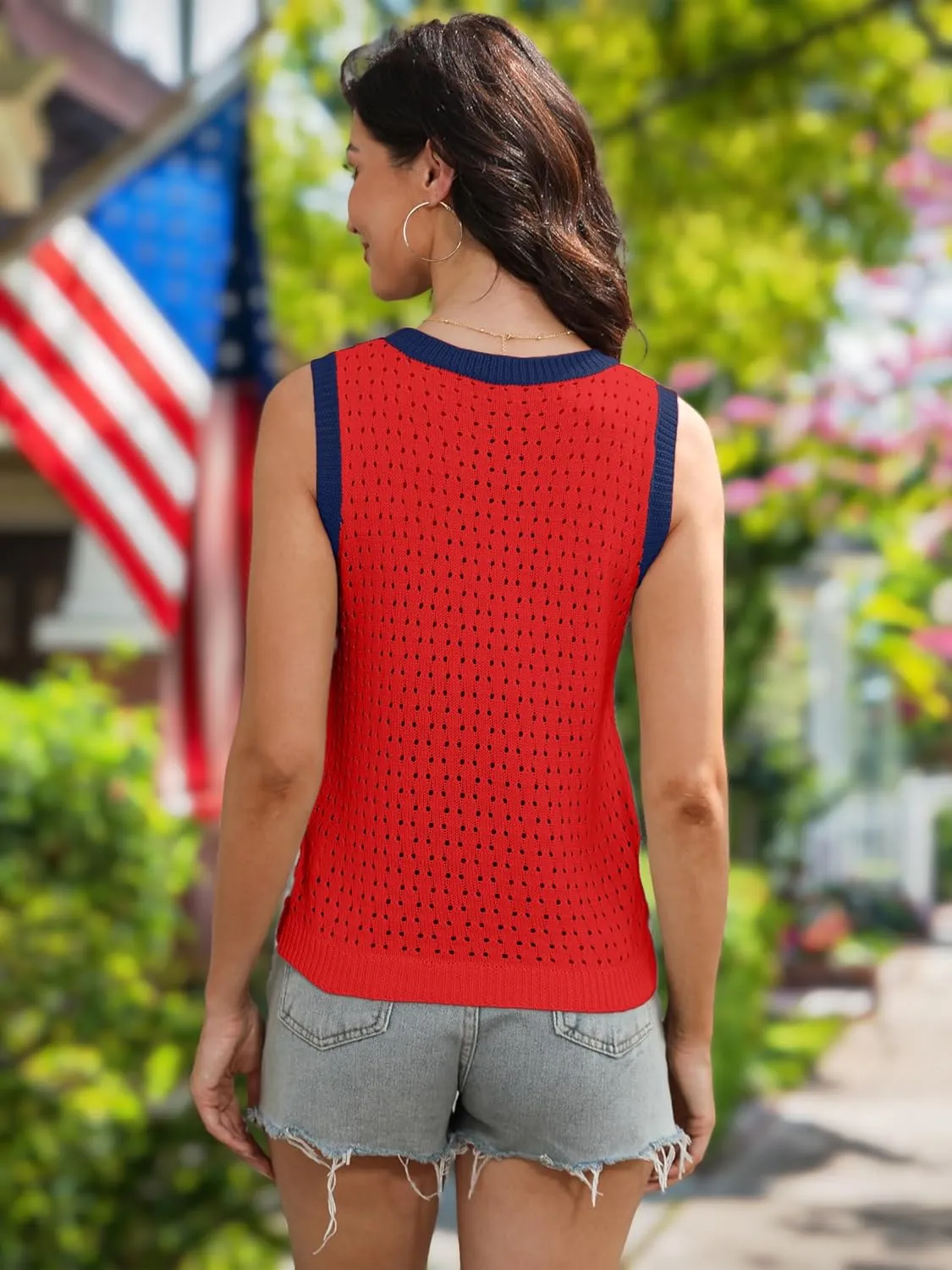 PECHAR USA 4th of July Shirts Women American Flag Hollow Out Knit Tank Tops Patriotic Striped Color Block Sweater Vest