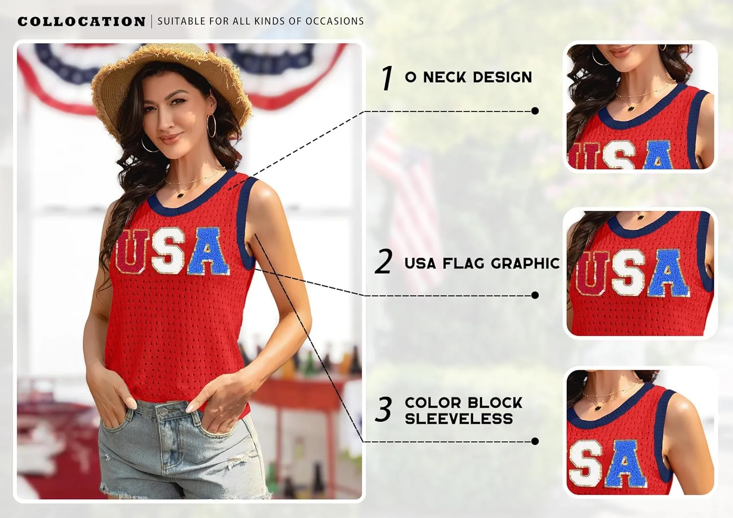 PECHAR USA 4th of July Shirts Women American Flag Hollow Out Knit Tank Tops Patriotic Striped Color Block Sweater Vest