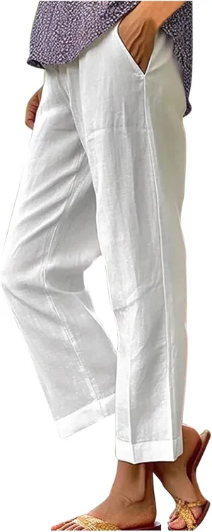 Plus Size Ankle Length Pants for Women Summer Lightweight Cotton Linen Pants Trendy Cropped Trousers with Pockets