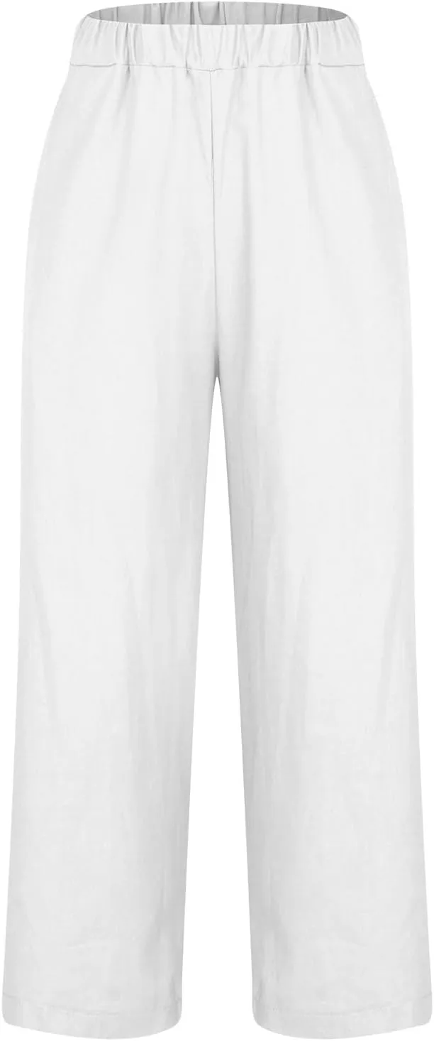 Plus Size Ankle Length Pants for Women Summer Lightweight Cotton Linen Pants Trendy Cropped Trousers with Pockets