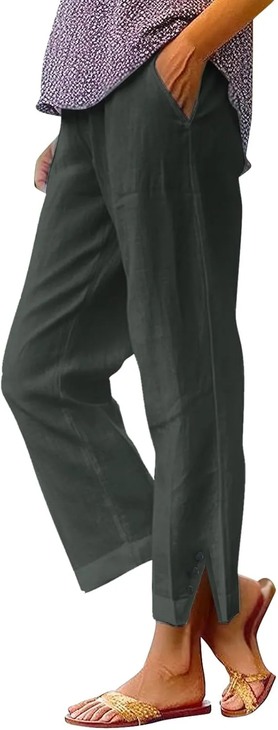 Plus Size Linen Pants for Women High Waisted Drawstring Cropped Capri Pants Casual Summer Work Pants Trousers 2025