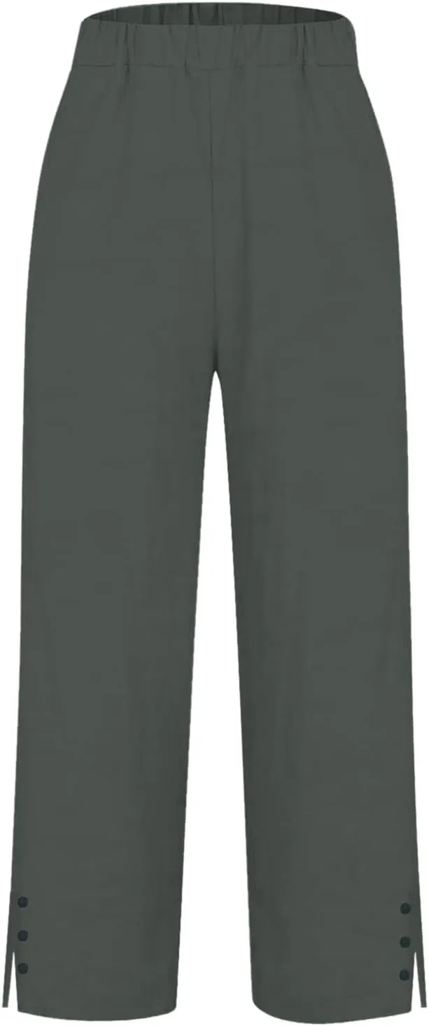 Plus Size Linen Pants for Women High Waisted Drawstring Cropped Capri Pants Casual Summer Work Pants Trousers 2025