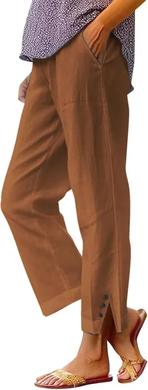 Plus Size Linen Pants for Women High Waisted Drawstring Cropped Capri Pants Casual Summer Work Pants Trousers 2025