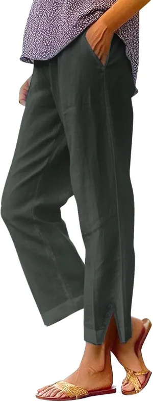 Plus Size Linen Pants for Women High Waisted Drawstring Cropped Capri Pants Casual Summer Work Pants Trousers 2025