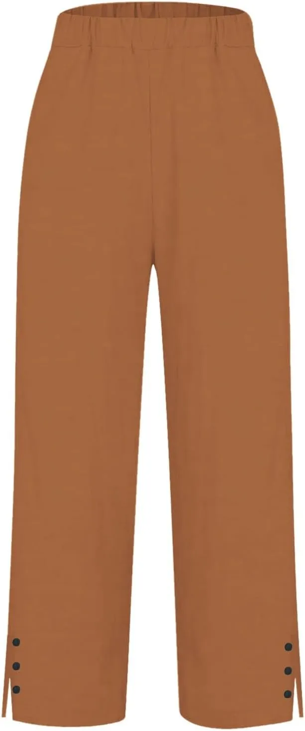 Plus Size Linen Pants for Women High Waisted Drawstring Cropped Capri Pants Casual Summer Work Pants Trousers 2025