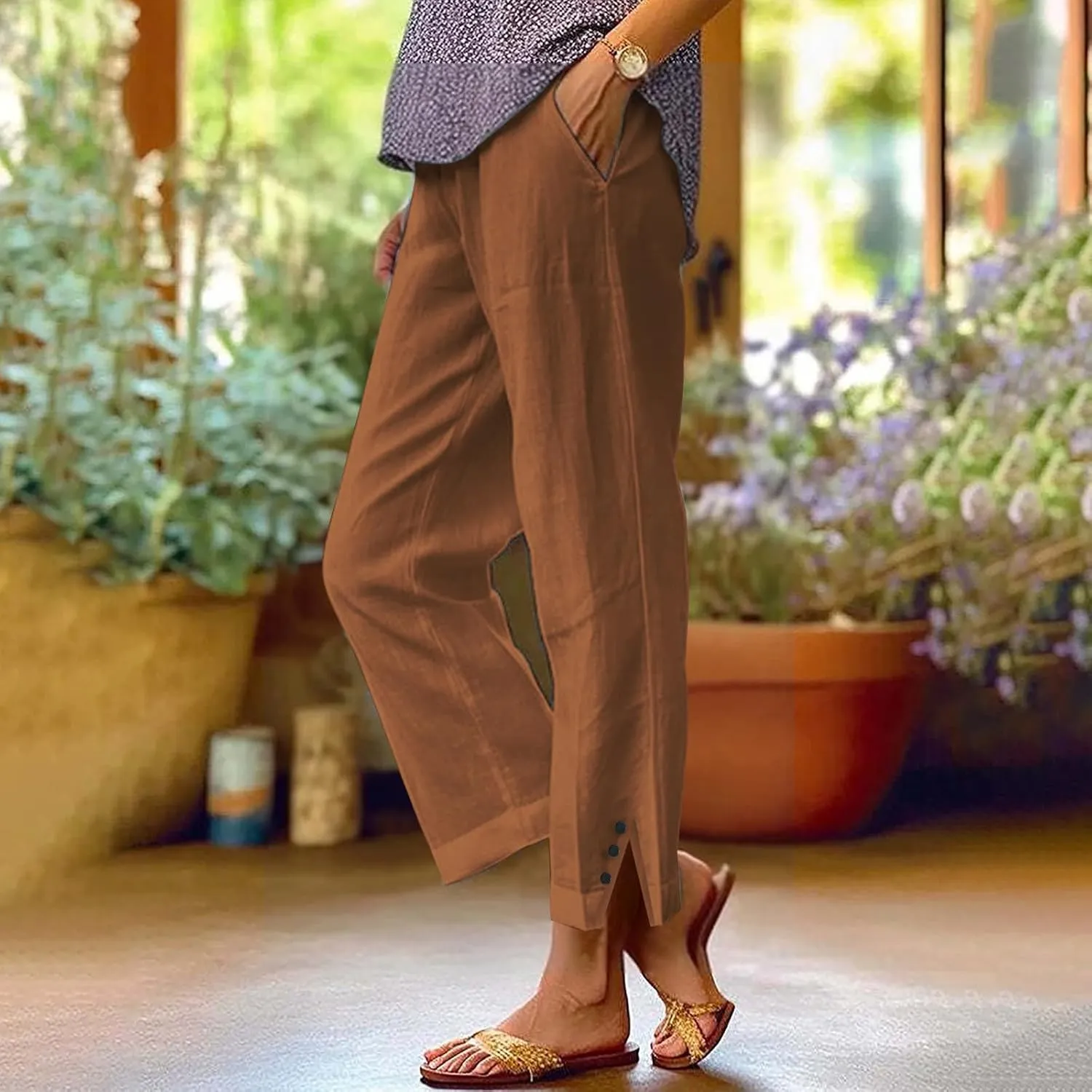 Plus Size Linen Pants for Women High Waisted Drawstring Cropped Capri Pants Casual Summer Work Pants Trousers 2025