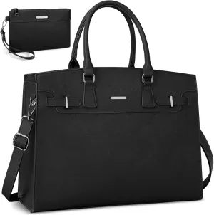 RAINSMORE Laptop Bag for Women 15.6 Inch Waterproof Leather Laptop Tote Bag Business Office Work Bag Professional Briefcase Large Computer Tote Handbag Shoulder Bag with Satchel Purse 2pcs Set, Black