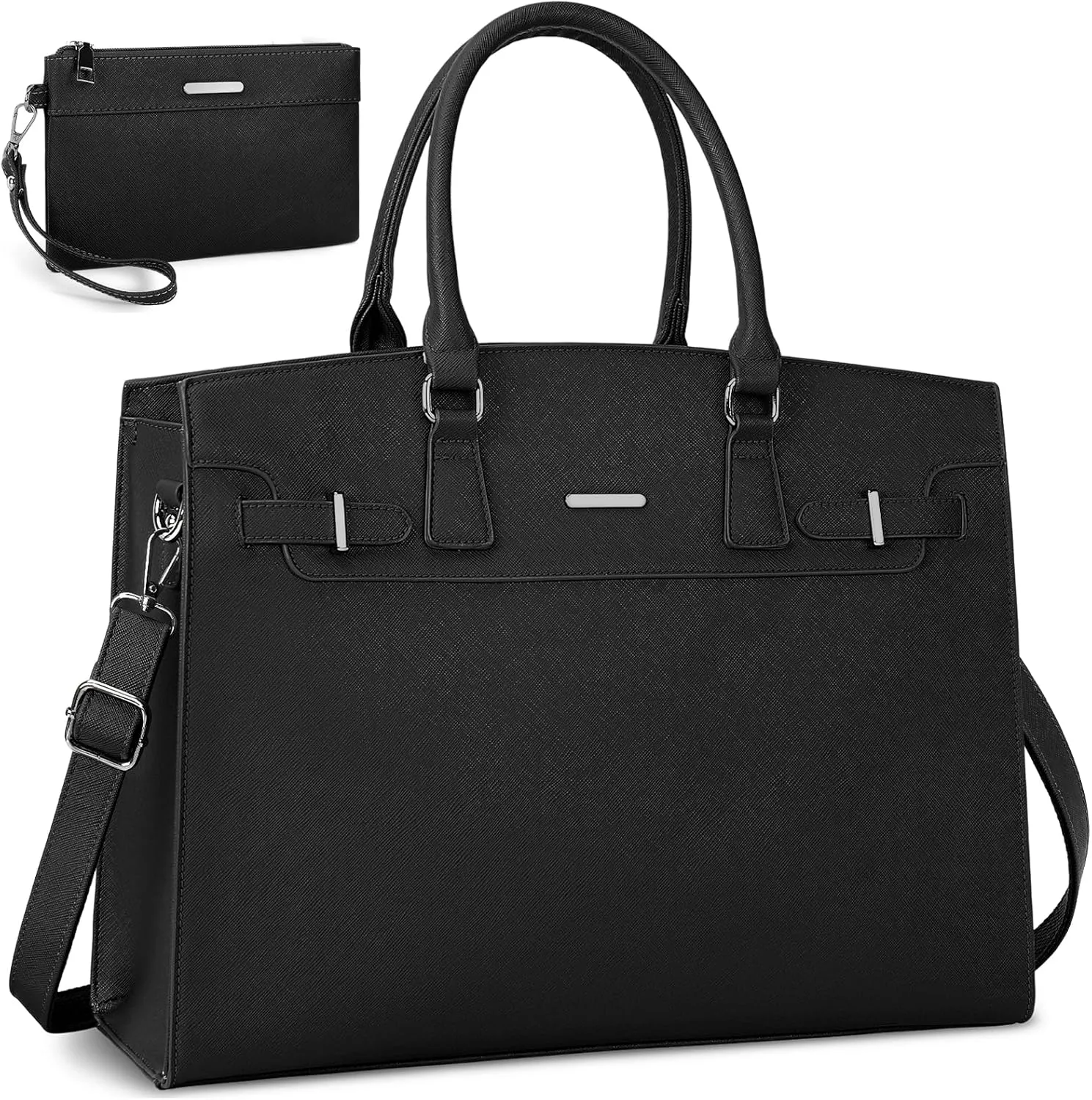 RAINSMORE Laptop Bag for Women 15.6 Inch Waterproof Leather Laptop Tote Bag Business Office Work Bag Professional Briefcase Large Computer Tote Handbag Shoulder Bag with Satchel Purse 2pcs Set, Black