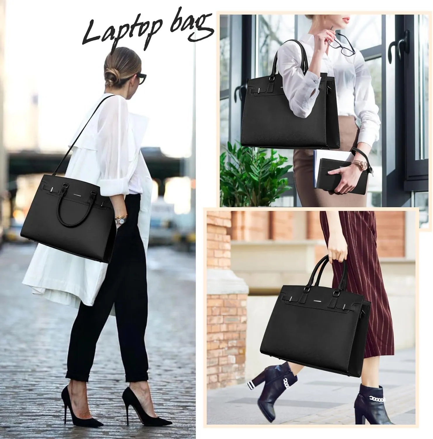 RAINSMORE Laptop Bag for Women 15.6 Inch Waterproof Leather Laptop Tote Bag Business Office Work Bag Professional Briefcase Large Computer Tote Handbag Shoulder Bag with Satchel Purse 2pcs Set, Black