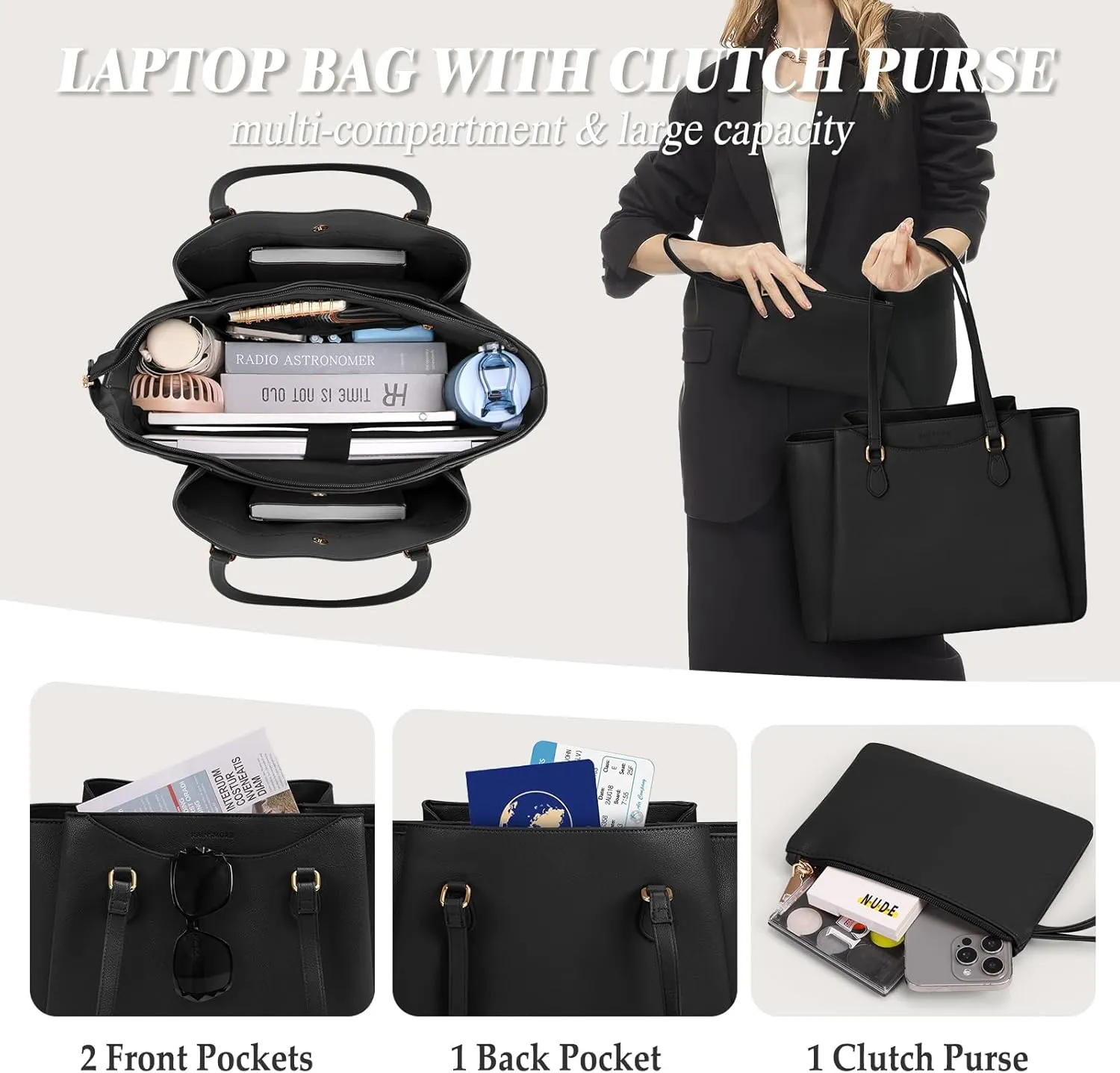RAINSMORE Laptop Bag for Women 15.6 Inch Work Tote Waterproof Computer Bags Leather Purse Large Briefcase Handbag for Office