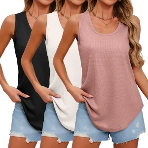 Riyiper 3 Pack Women's Waffle Knit Tunic Tank Tops Scoop Neck Loose Fit Sleeveless Shirts Summer 2025 Beach Vacation Clothes