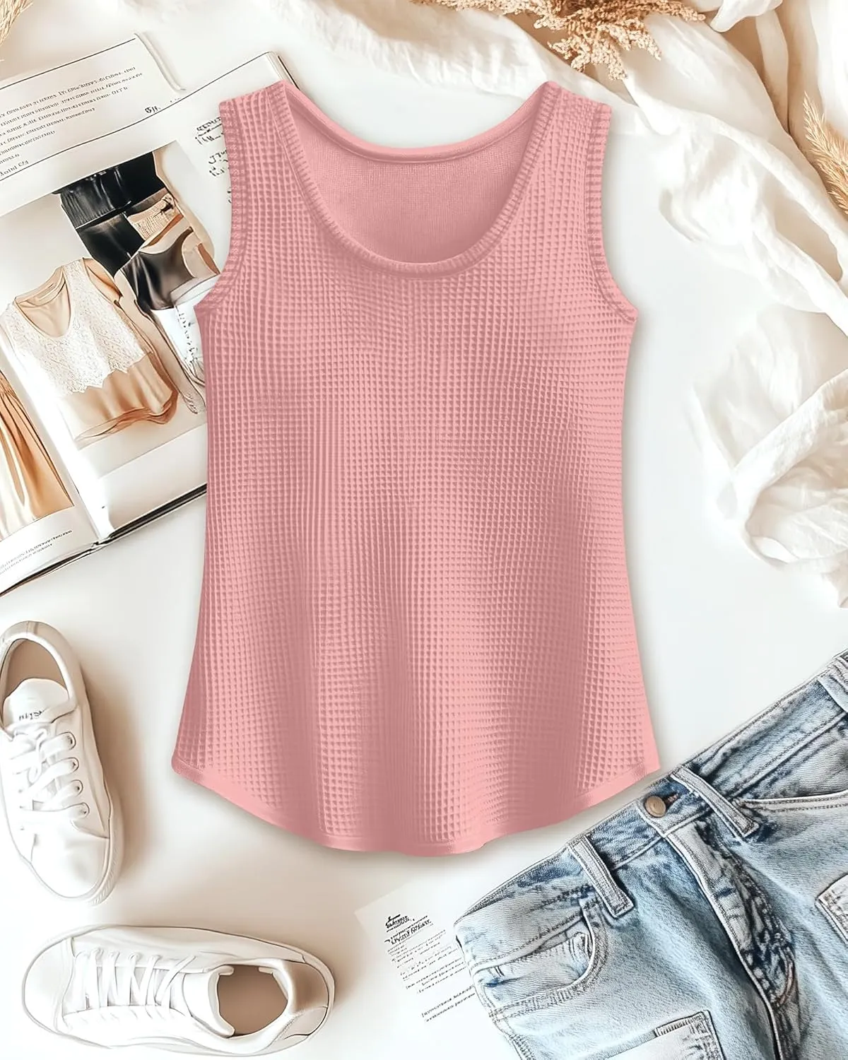 Riyiper 3 Pack Women's Waffle Knit Tunic Tank Tops Scoop Neck Loose Fit Sleeveless Shirts Summer 2025 Beach Vacation Clothes