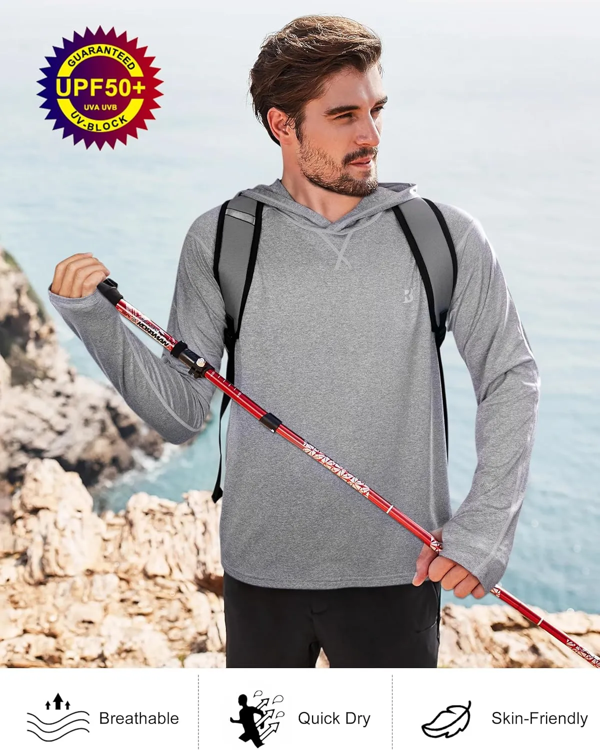 Roadbox Mens Long Sleeve Sun Shirts, 2 Pack UPF 50  UV Protection Hoodie Shirt for Fishing Hiking Running Workout Swim