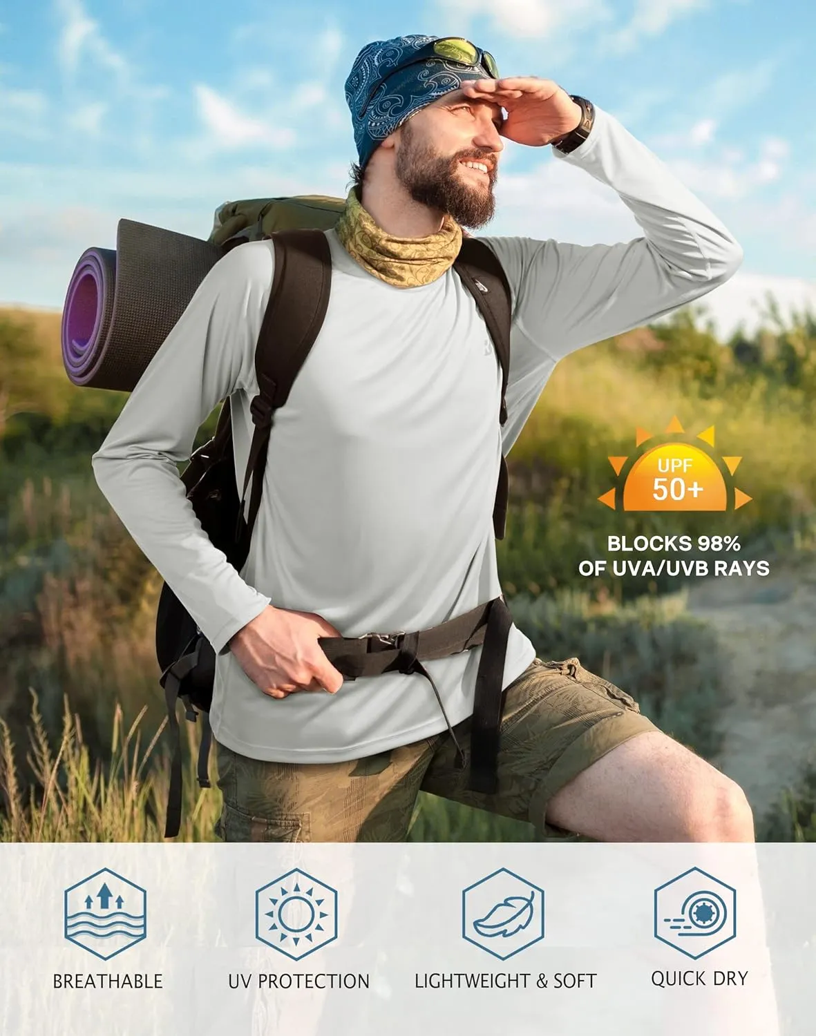 Roadbox Mens UPF 50  UV Sun Protection Shirts Outdoor Long Sleeve SPF Rash Guard for Fishing Hiking Swimming Running