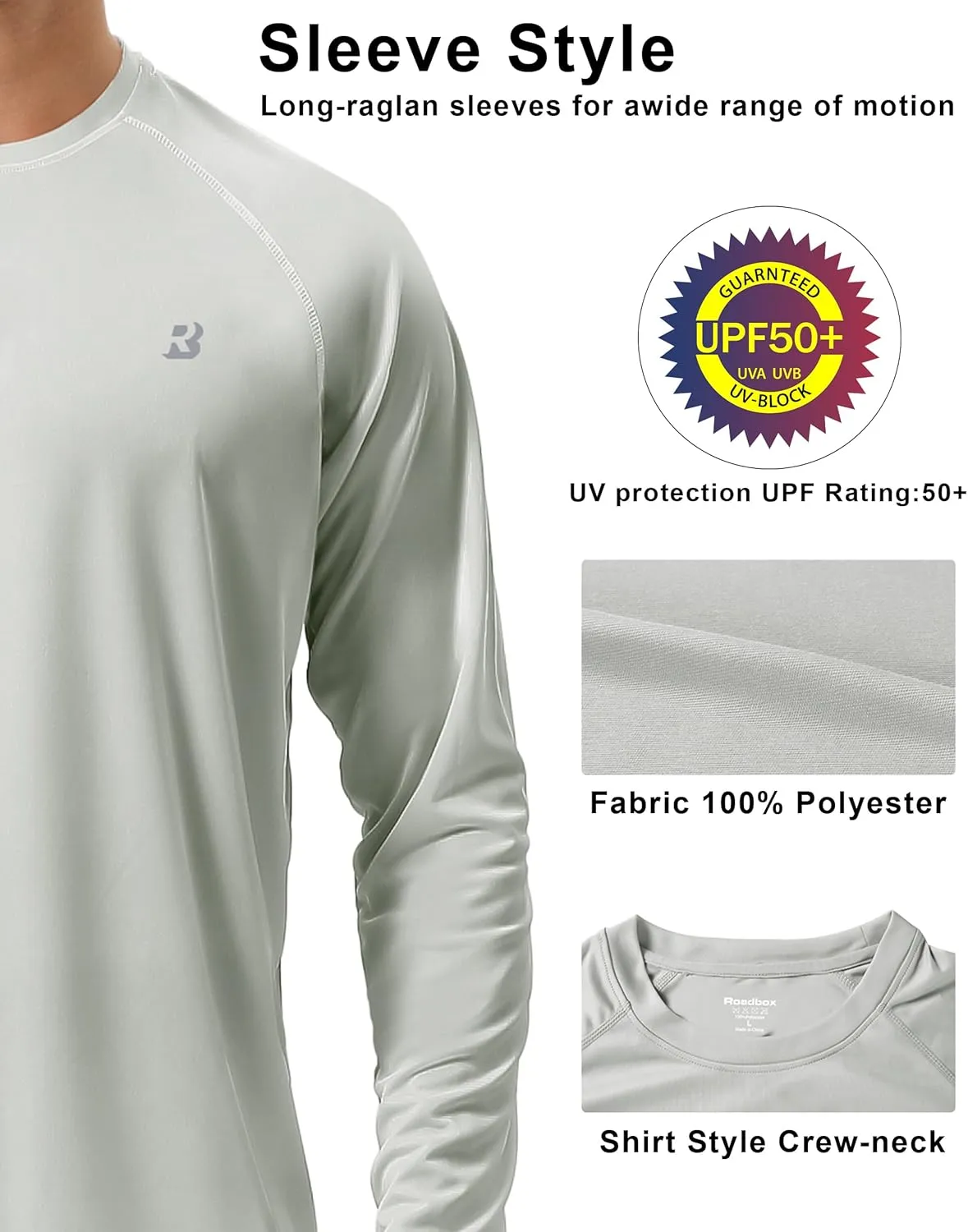 Roadbox Mens UPF 50  UV Sun Protection Shirts Outdoor Long Sleeve SPF Rash Guard for Fishing Hiking Swimming Running