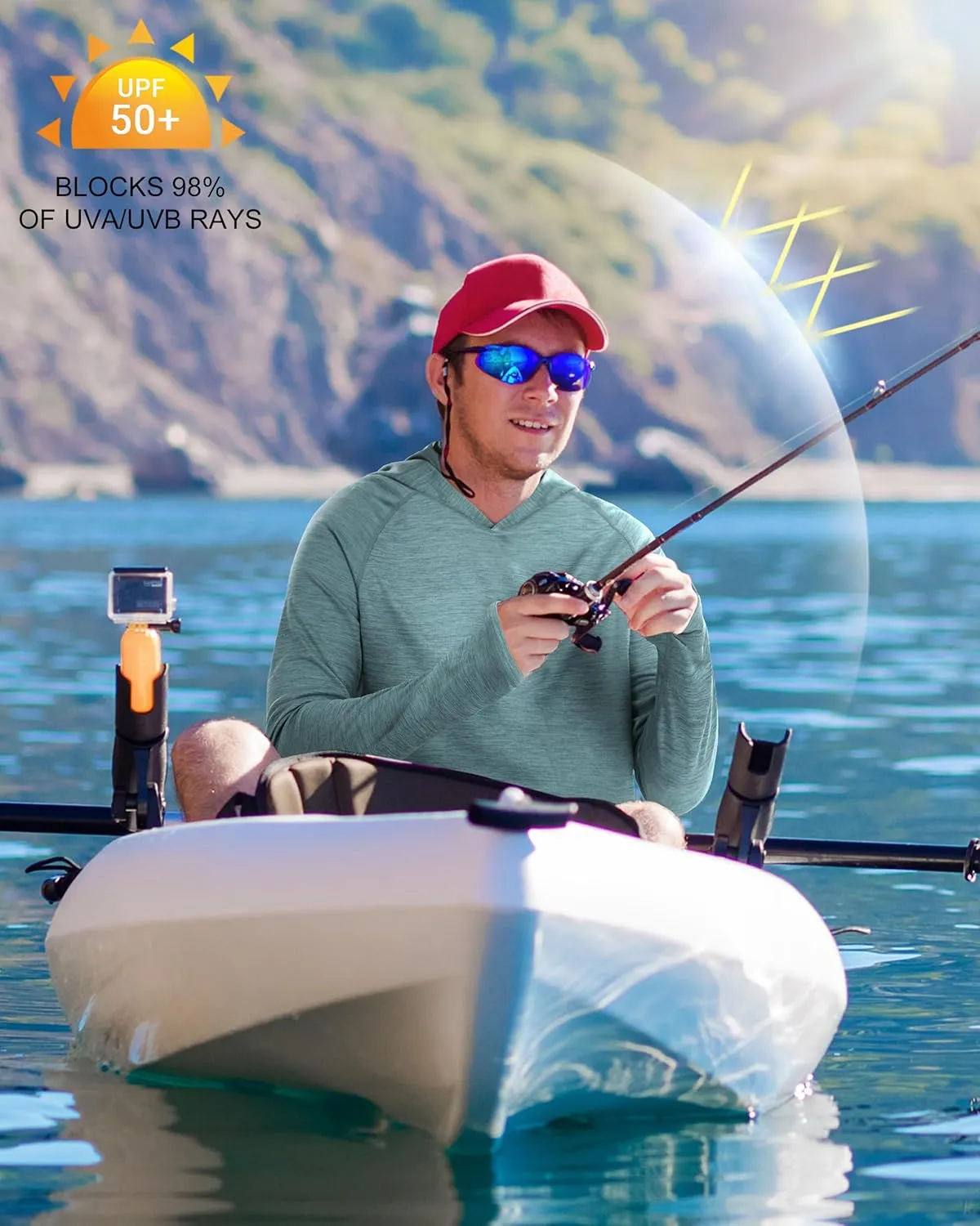 Roadbox UPF 50  Fishing Shirts for Men, Long Sleeve SPF UV Sun Protection Hoodie with Thumb Holes Swim Running Rash Guard