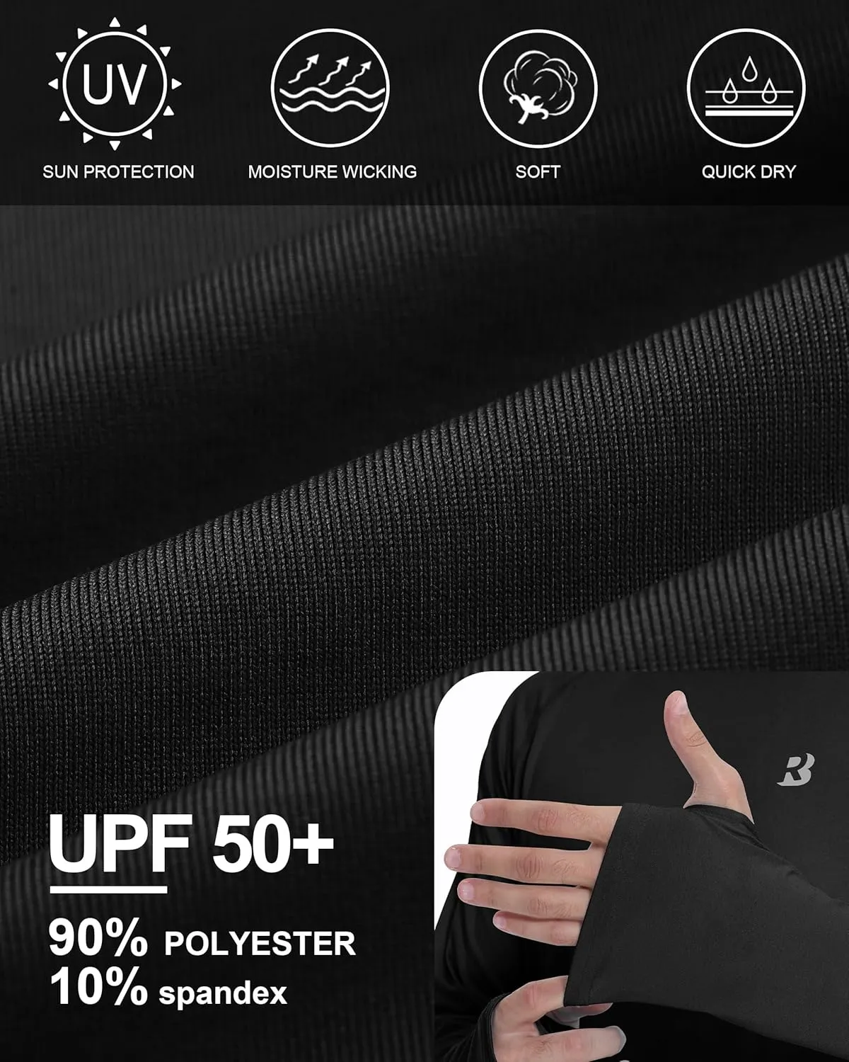 Roadbox UPF 50  Mens Swim Shirts, Long Sleeve Sun Protection Fishing Rash Guard, Quick Dry UV Hiking Shirt with Thumbhole