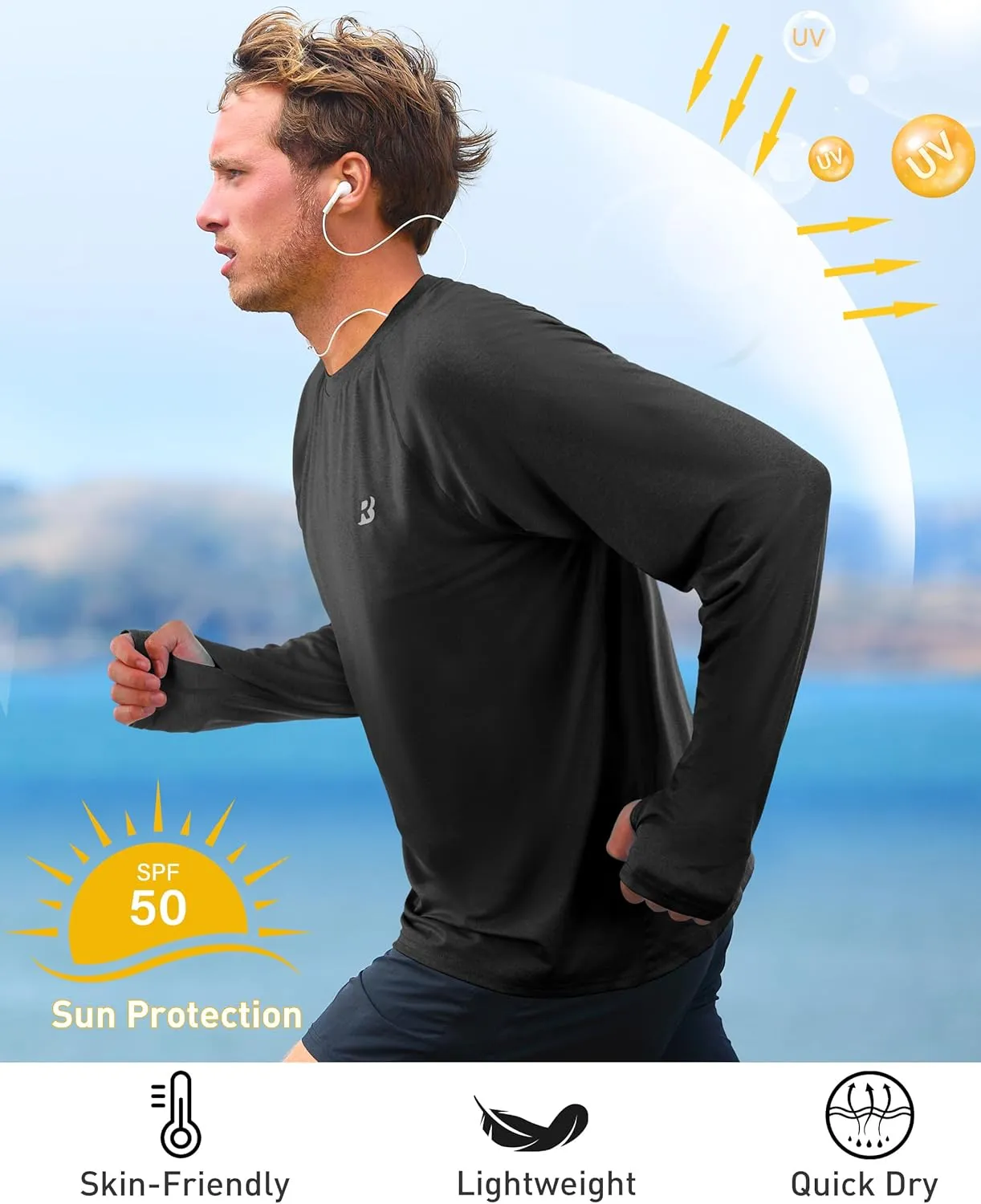 Roadbox UPF 50  Mens Swim Shirts, Long Sleeve Sun Protection Fishing Rash Guard, Quick Dry UV Hiking Shirt with Thumbhole
