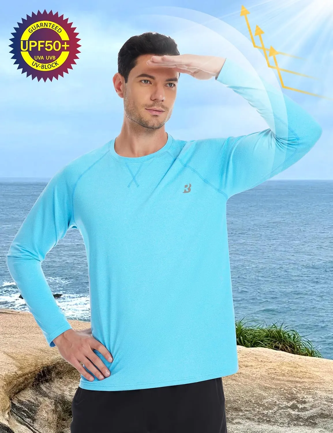 Roadbox UPF 50  Sun Shirts for Men, UV Protection Long Sleeve Swim Shirt, Lightweight Rash Guard for Fishing Hiking Running