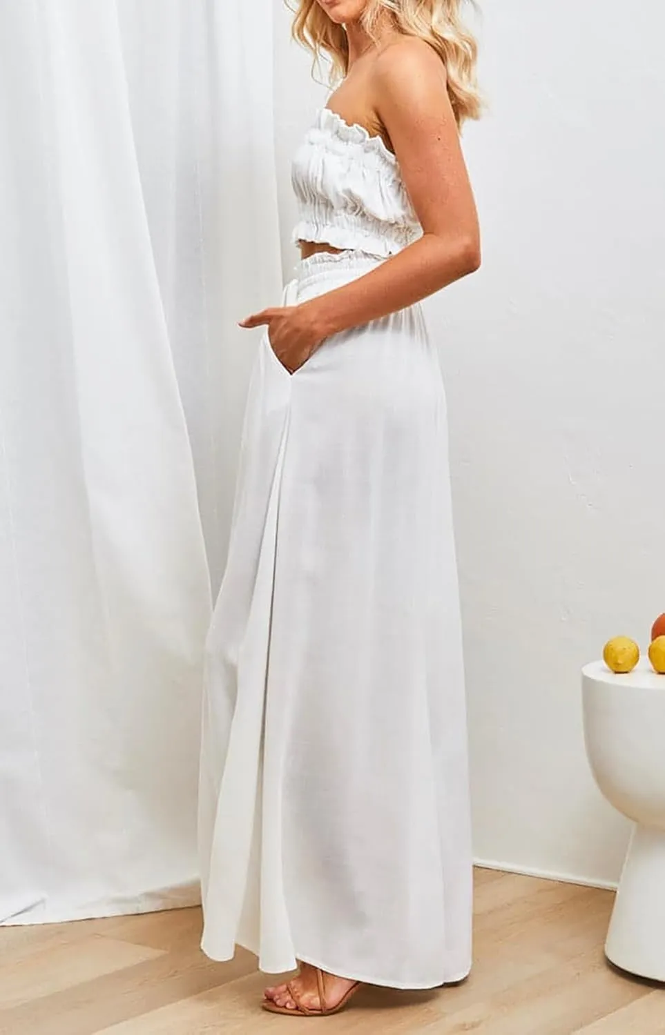 R.Vivimos Women's Wide Leg Lounge Pants Elastic High Waisted Drawstring Tie Casual Flowy Palazzo Pants Trousers with Pockets