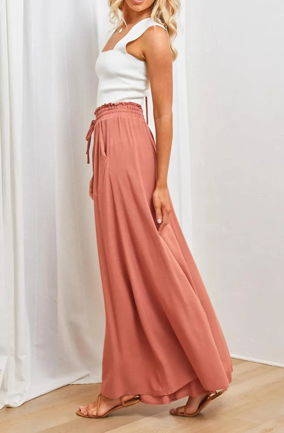 R.Vivimos Women's Wide Leg Lounge Pants Elastic High Waisted Drawstring Tie Casual Flowy Palazzo Pants Trousers with Pockets