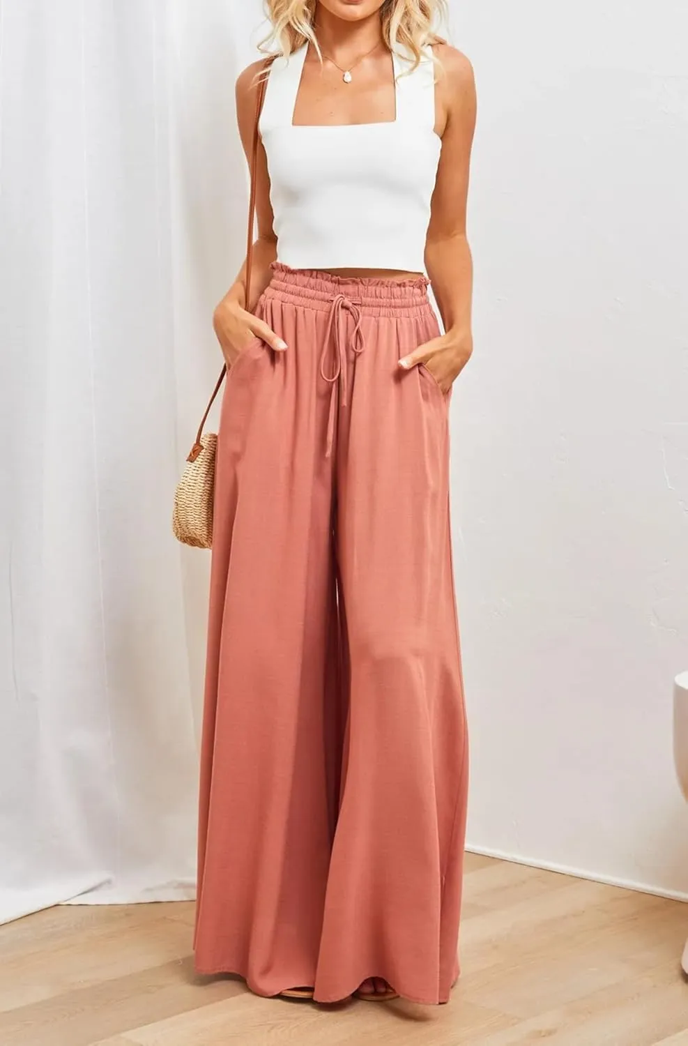 R.Vivimos Women's Wide Leg Lounge Pants Elastic High Waisted Drawstring Tie Casual Flowy Palazzo Pants Trousers with Pockets