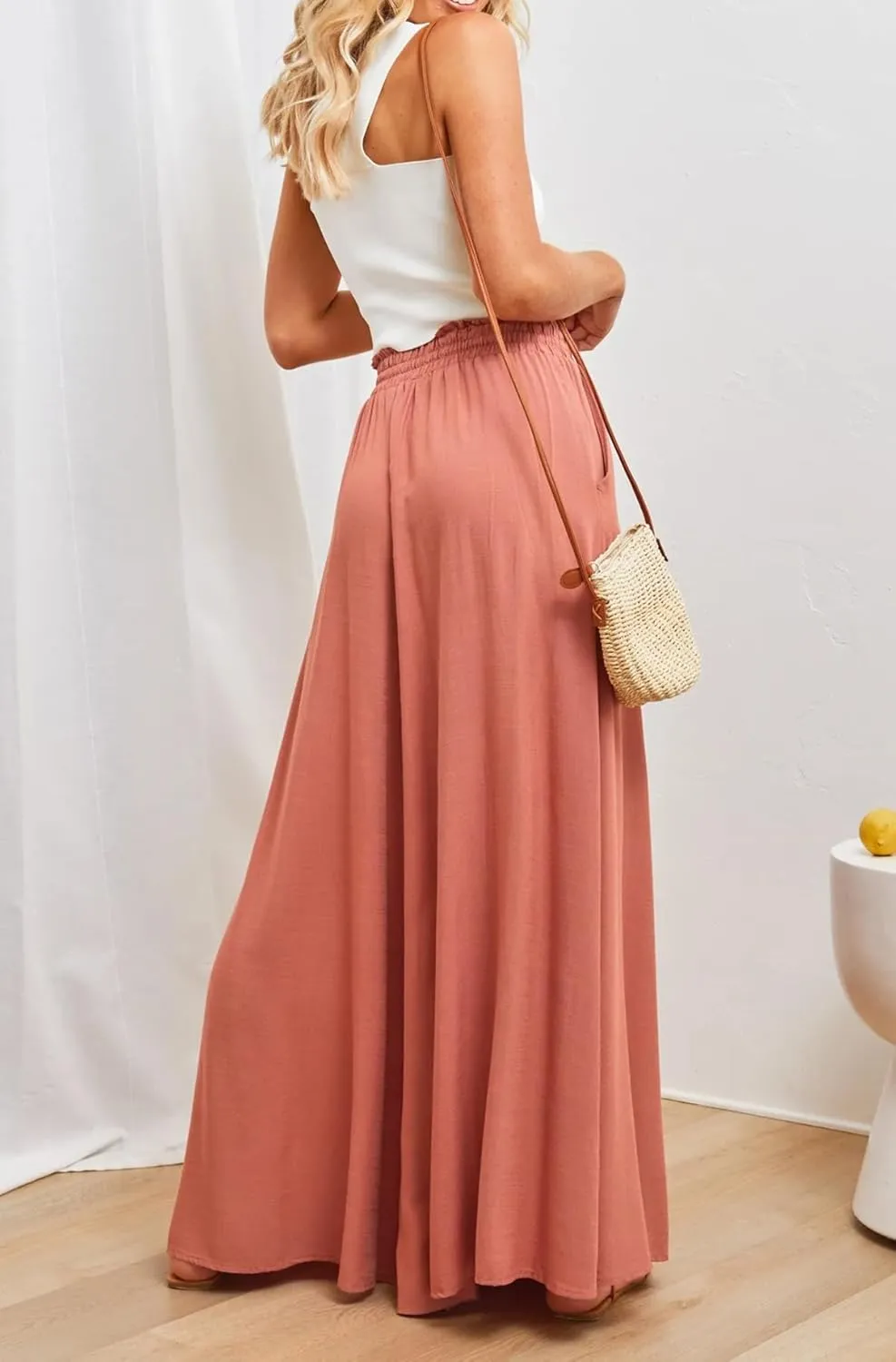 R.Vivimos Women's Wide Leg Lounge Pants Elastic High Waisted Drawstring Tie Casual Flowy Palazzo Pants Trousers with Pockets