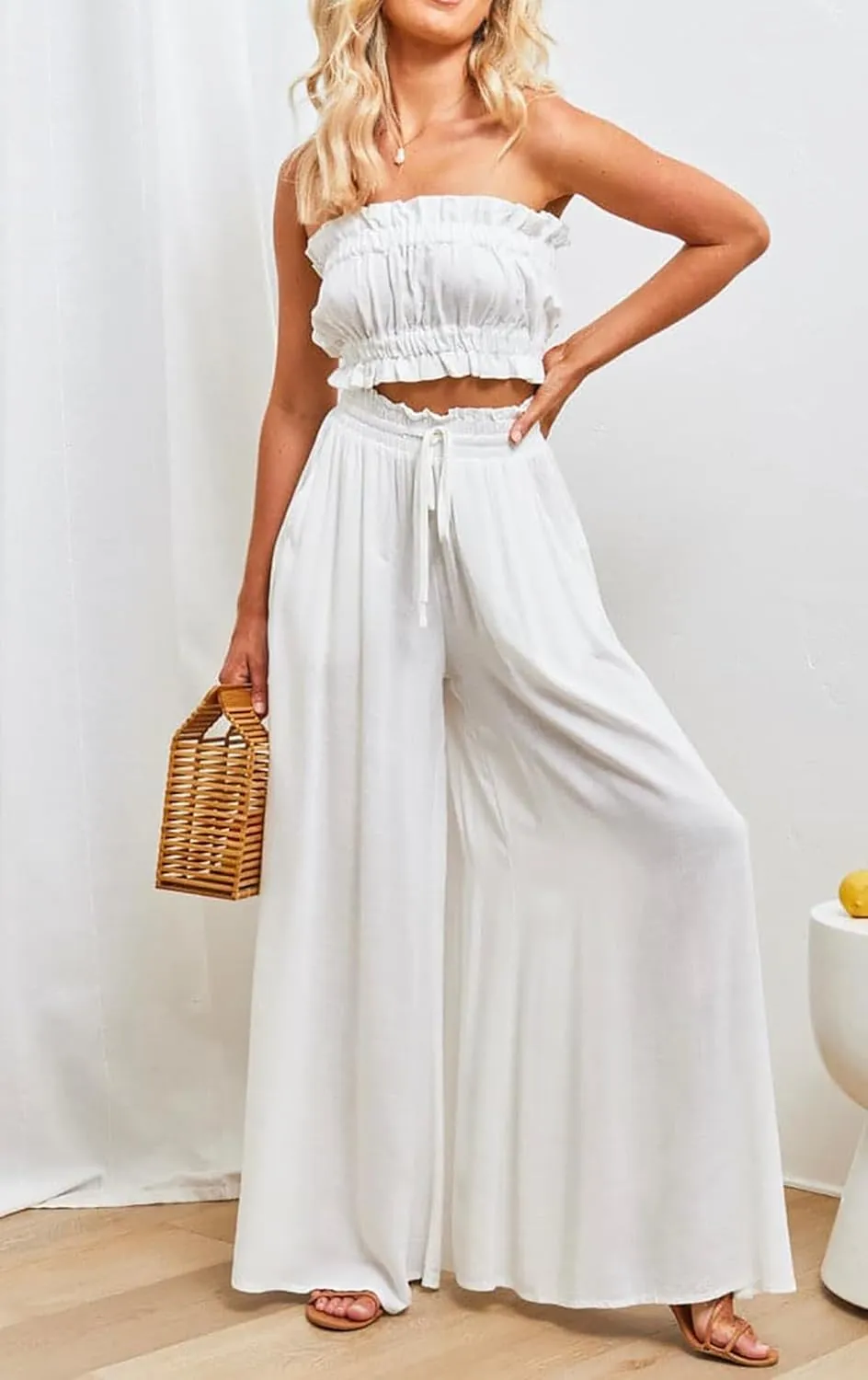 R.Vivimos Women's Wide Leg Lounge Pants Elastic High Waisted Drawstring Tie Casual Flowy Palazzo Pants Trousers with Pockets