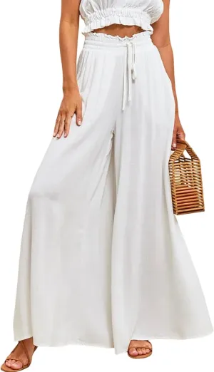 R.Vivimos Women's Wide Leg Lounge Pants Elastic High Waisted Drawstring Tie Casual Flowy Palazzo Pants Trousers with Pockets