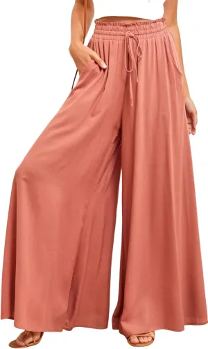 R.Vivimos Women's Wide Leg Lounge Pants Elastic High Waisted Drawstring Tie Casual Flowy Palazzo Pants Trousers with Pockets