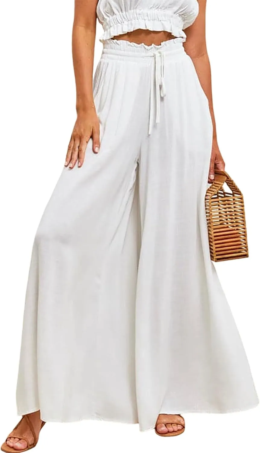 R.Vivimos Women's Wide Leg Lounge Pants Elastic High Waisted Drawstring Tie Casual Flowy Palazzo Pants Trousers with Pockets