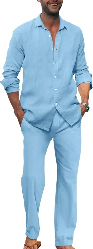 Ryannology Men 2 Piece Linen Set Outfits Drawstring Long Pants Button Down Roll Up Sleeve Shirts Beach Wedding Suit Sets