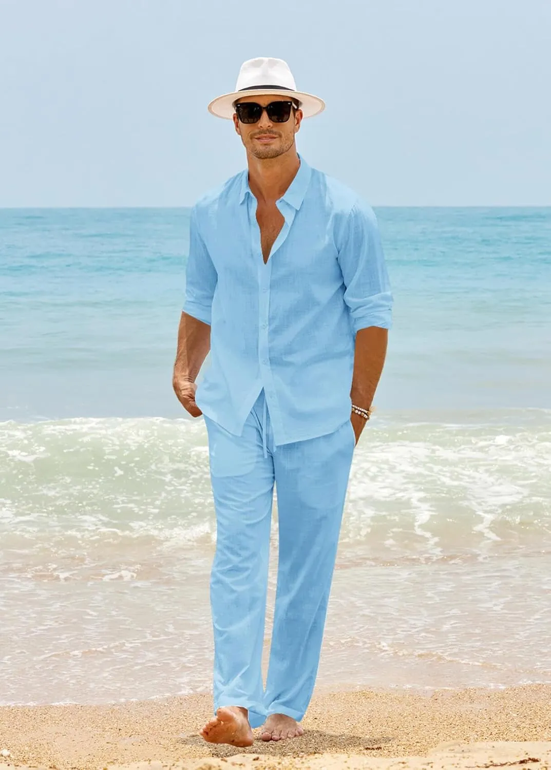 Ryannology Men 2 Piece Linen Set Outfits Drawstring Long Pants Button Down Roll Up Sleeve Shirts Beach Wedding Suit Sets
