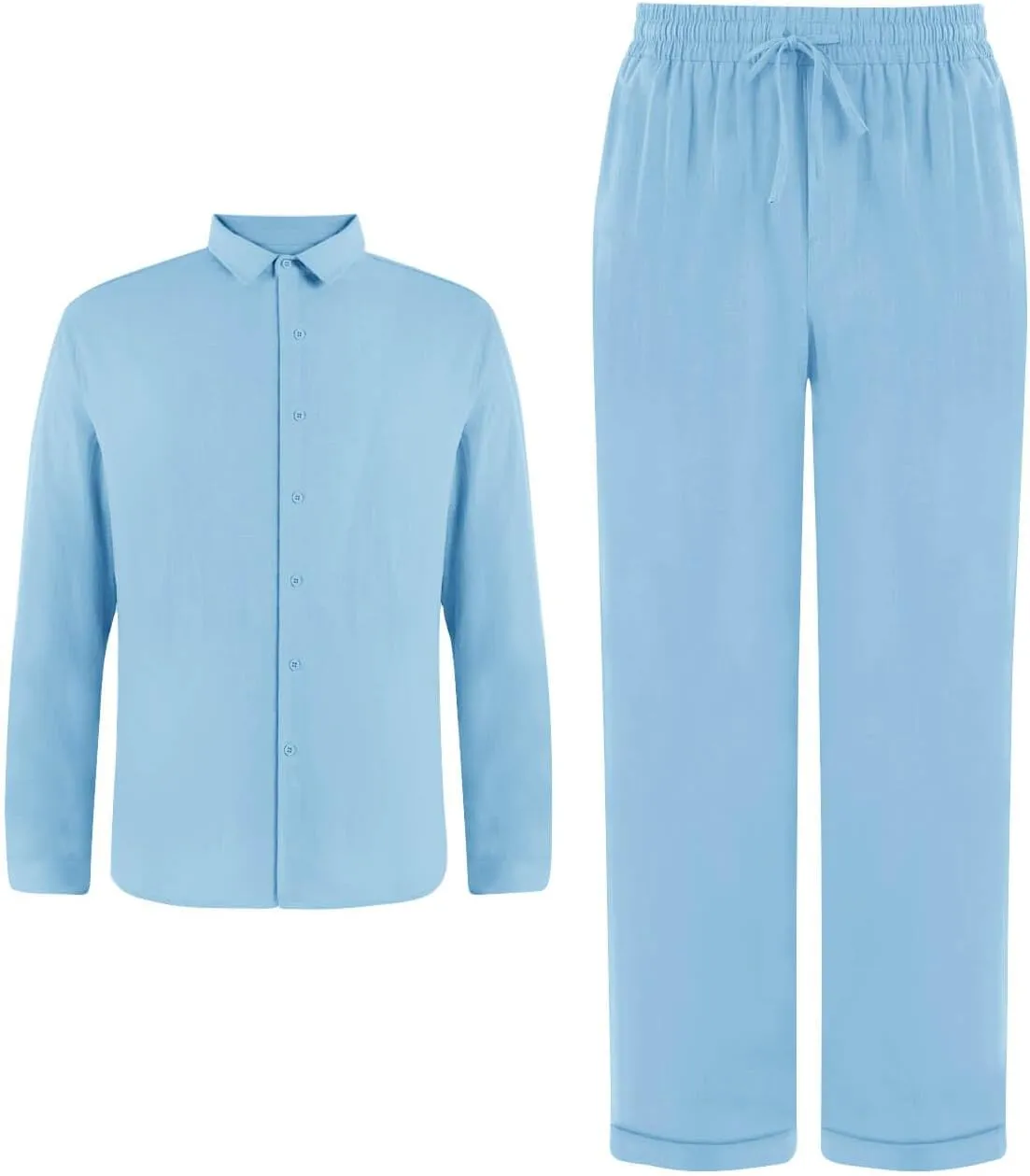 Ryannology Men 2 Piece Linen Set Outfits Drawstring Long Pants Button Down Roll Up Sleeve Shirts Beach Wedding Suit Sets