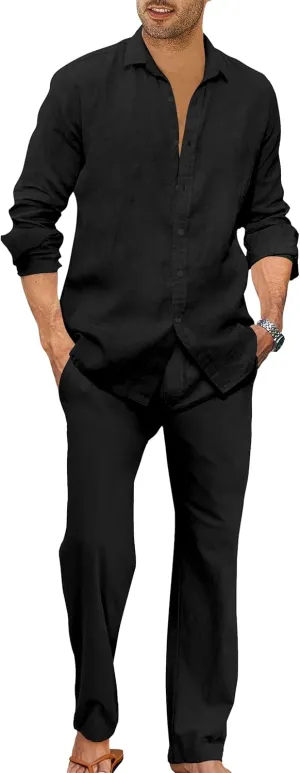 Ryannology Men 2 Piece Linen Set Outfits Drawstring Long Pants Button Down Roll Up Sleeve Shirts Beach Wedding Suit Sets