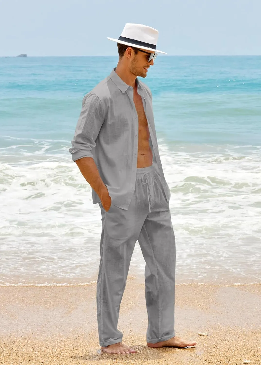 Ryannology Men 2 Piece Linen Set Outfits Drawstring Long Pants Button Down Roll Up Sleeve Shirts Beach Wedding Suit Sets