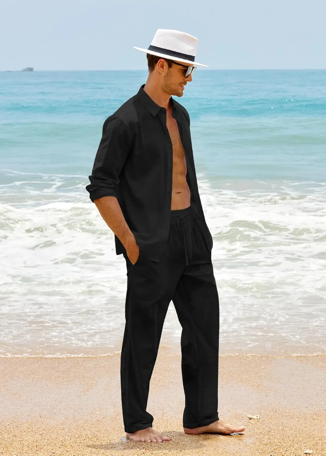Ryannology Men 2 Piece Linen Set Outfits Drawstring Long Pants Button Down Roll Up Sleeve Shirts Beach Wedding Suit Sets