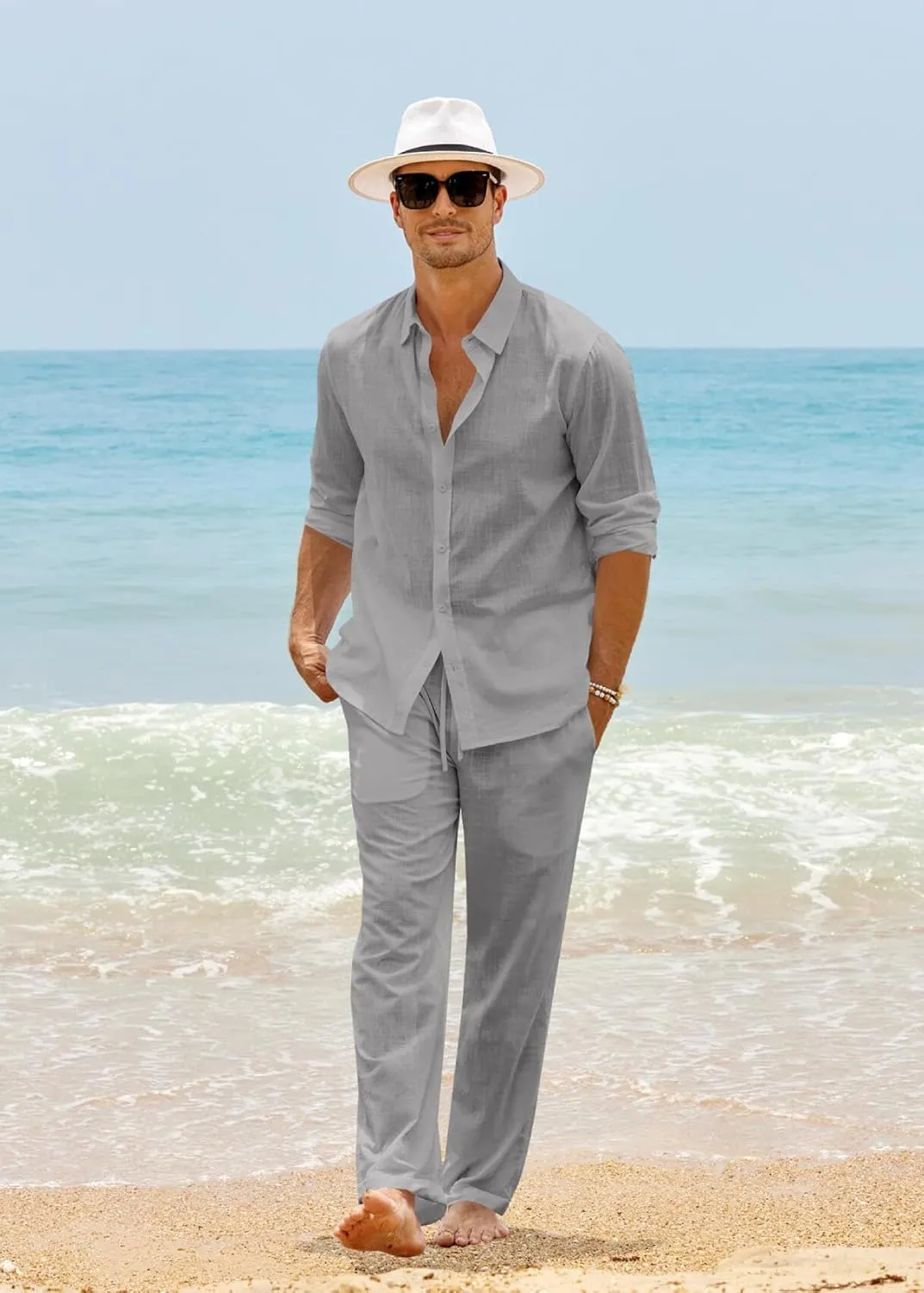 Ryannology Men 2 Piece Linen Set Outfits Drawstring Long Pants Button Down Roll Up Sleeve Shirts Beach Wedding Suit Sets