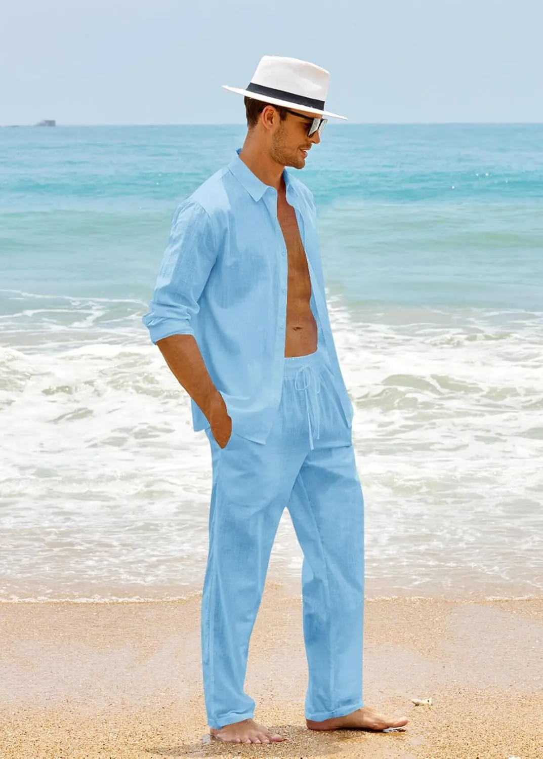 Ryannology Men 2 Piece Linen Set Outfits Drawstring Long Pants Button Down Roll Up Sleeve Shirts Beach Wedding Suit Sets