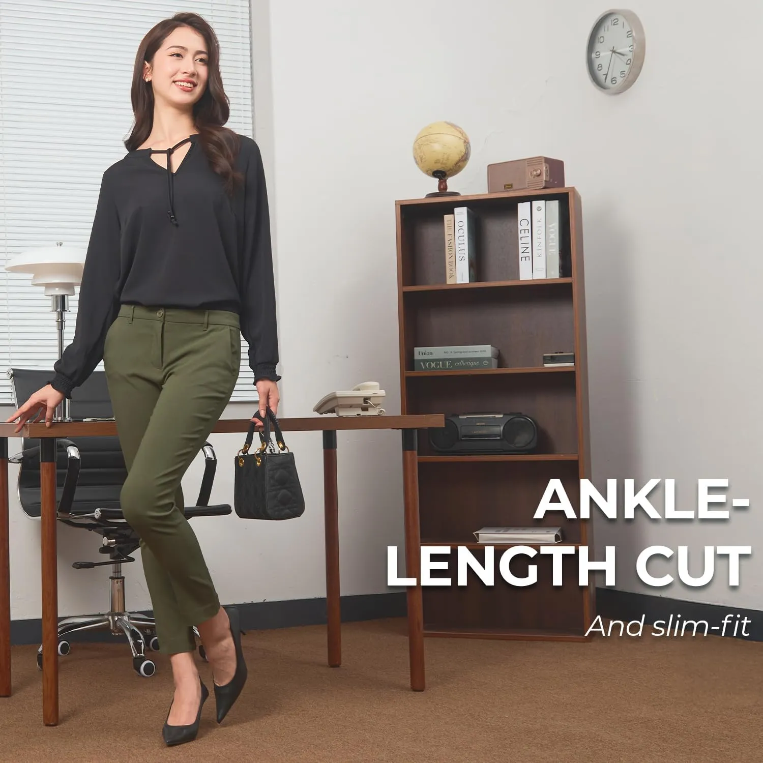 SANDY & SID Cropped Pants for Women Petite Small Size Mid Waist Slim Fit Work Pants Stretch Trousers Slack Casual Office Wear
