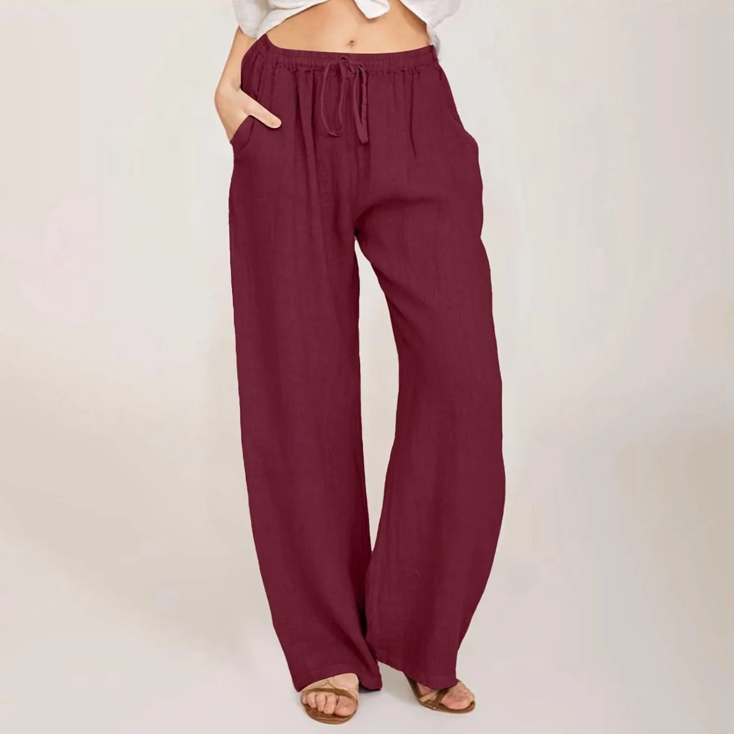 sdbrld Linen Pants for Women,Women Linen Pants 2024 Summer Loose Palazzo Pants Flowy Wide Leg Boho Beach Pants with Pockets